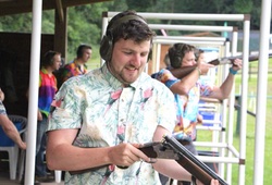 Stag party in Hawaiin shirts clay pigeon shooting