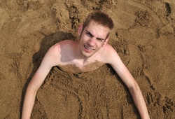 Stag buried up to his armpits in sand